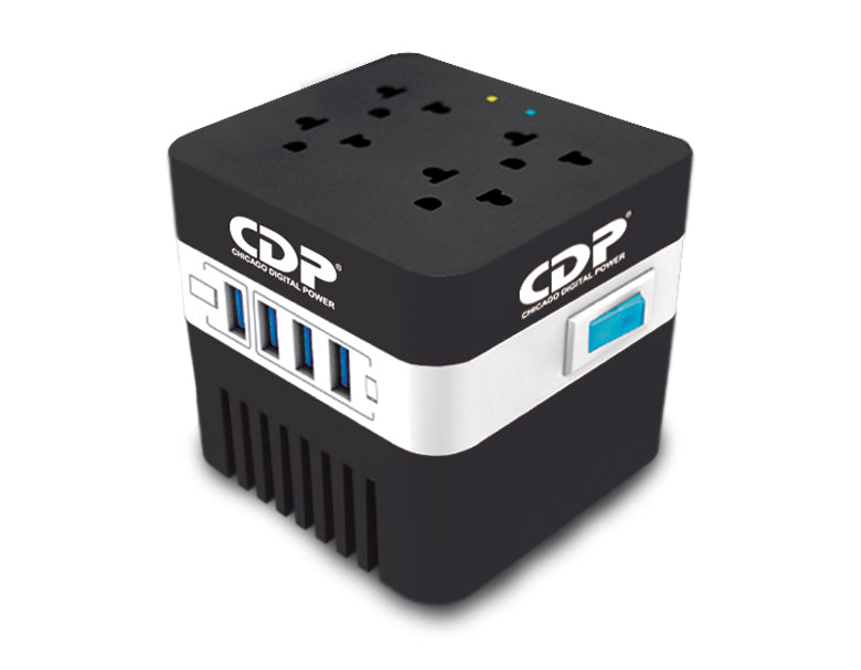 Regulador de voltaje CDP RU-AVR604 600VA/300W indicadores LED de funcionamiento 4 contactos NEMA 5-15R y 4 puertos USB