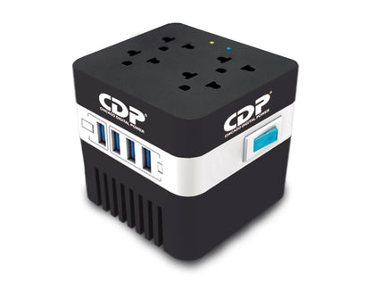 Regulador de voltaje CDP RU-AVR604 600VA/300W indicadores LED de funcionamiento 4 contactos NEMA 5-15R y 4 puertos USB