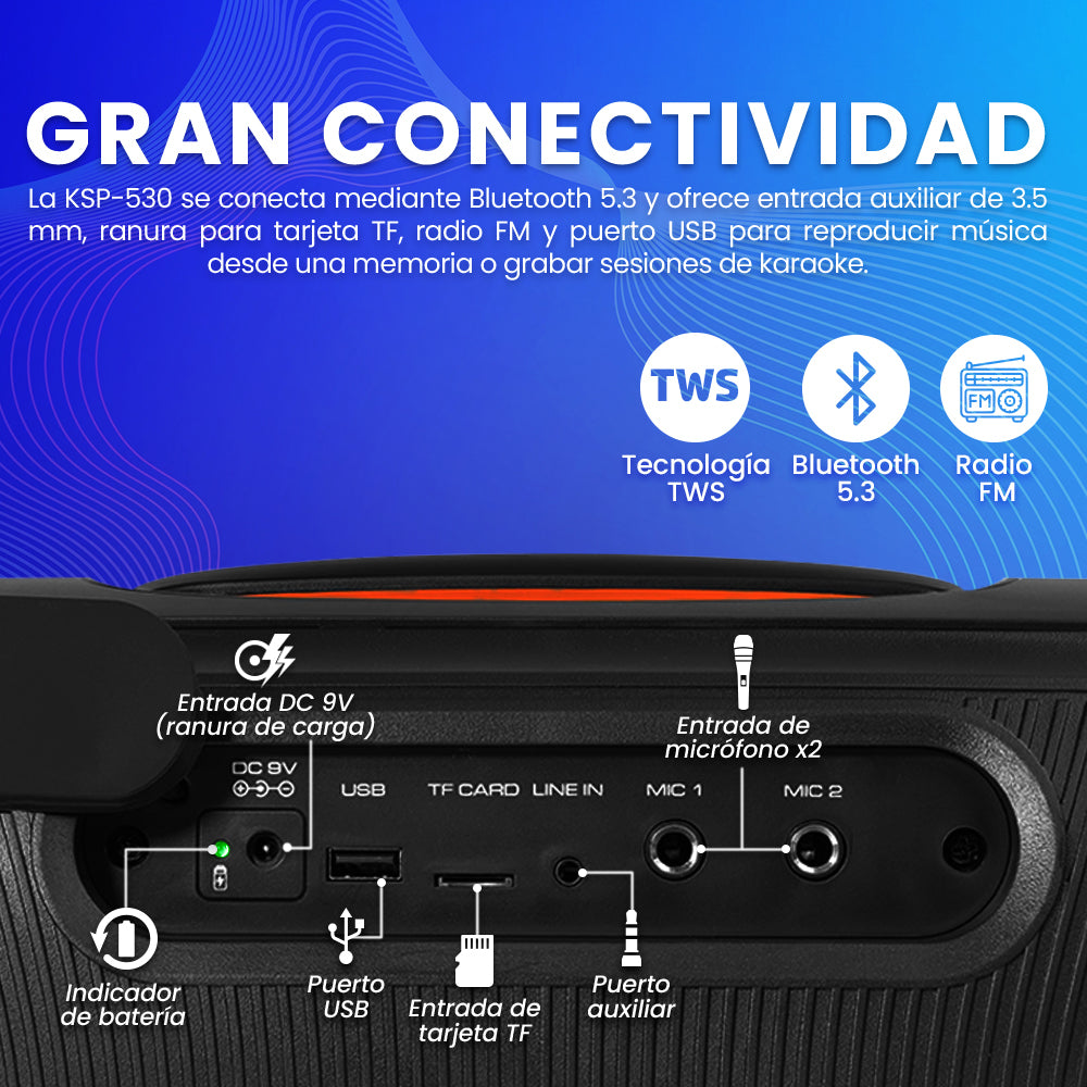 Bafle Vorago KSP-530 40W RMS 2x6 2x2.5 Tweeter 5400MAh Flame Light TWS USB / TF / BT / AUX