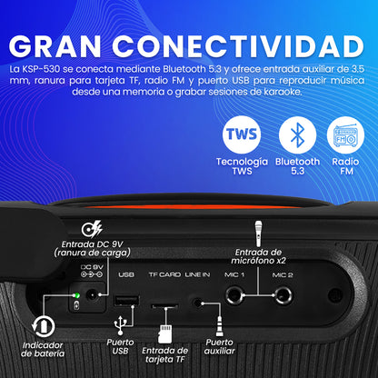 Bafle Vorago KSP-530 40W RMS 2x6 2x2.5 Tweeter 5400MAh Flame Light TWS USB / TF / BT / AUX