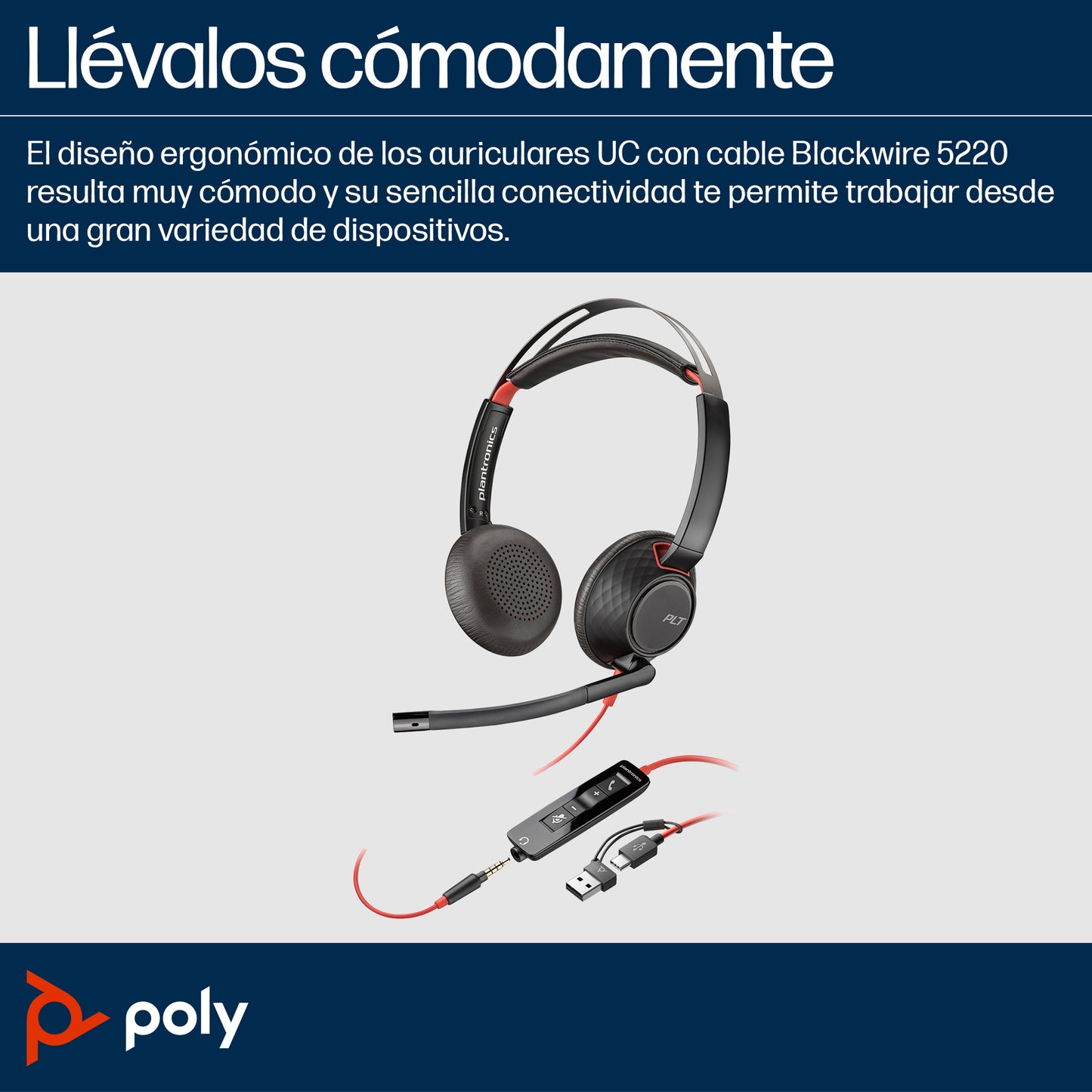 POLY Auriculares estéreo Blackwire 5220 + conector de 3.5 mm + adaptador USB-C/A