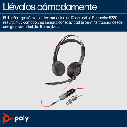 POLY Auriculares estéreo Blackwire 5220 + conector de 3.5 mm + adaptador USB-C/A