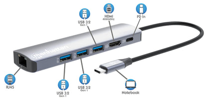 Manhattan 153959 base para laptop o replicador de puertos Alámbrico USB 3.2 Gen 1 (3.1 Gen 1) Type-C Plata