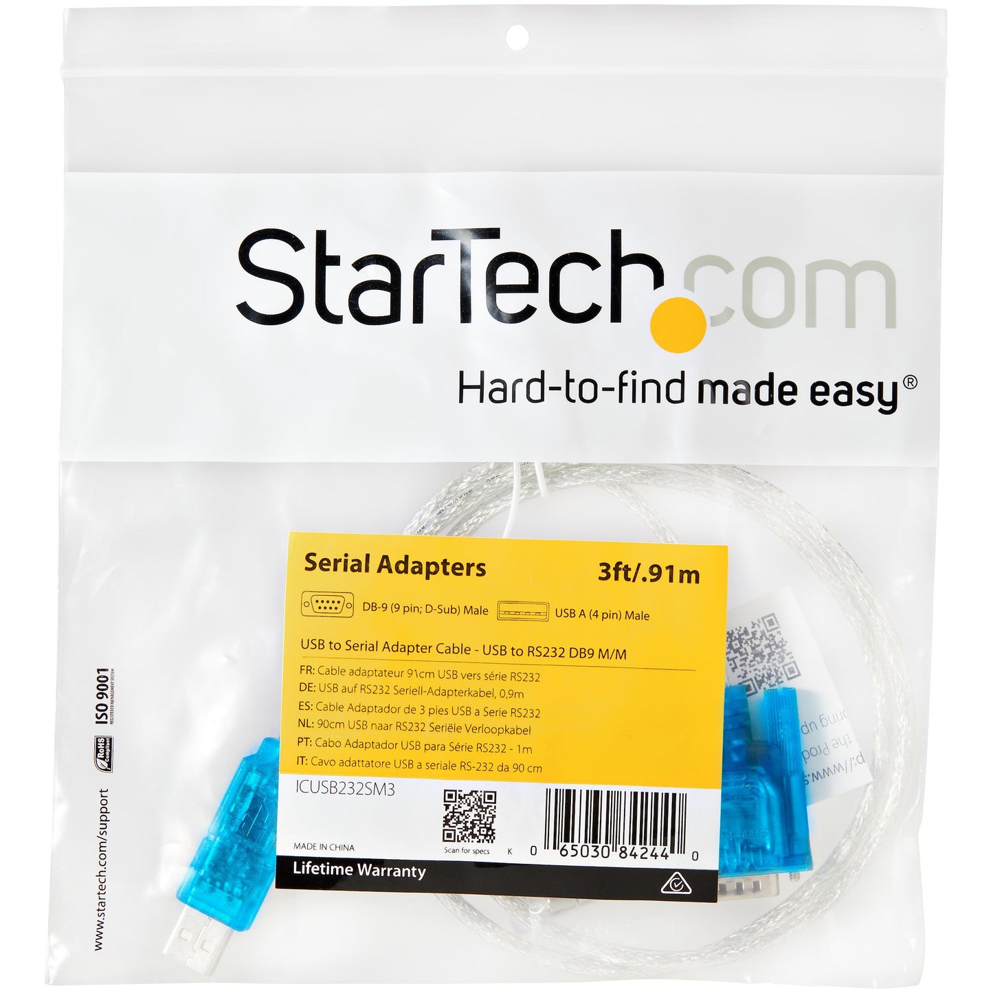 StarTech.com ICUSB232SM3 cambiadores de género de cables DB-9 USB 2.0 A Azul, Transparente