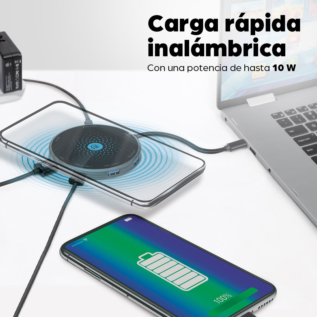 Docking Manhattan USB-C a HDMI USB-C PD 3xUSB-A Lector Tarjetas con Base Carga Inalámbrica