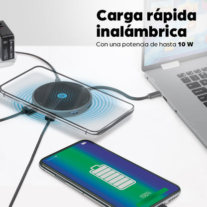 Docking Manhattan USB-C a HDMI USB-C PD 3xUSB-A Lector Tarjetas con Base Carga Inalámbrica