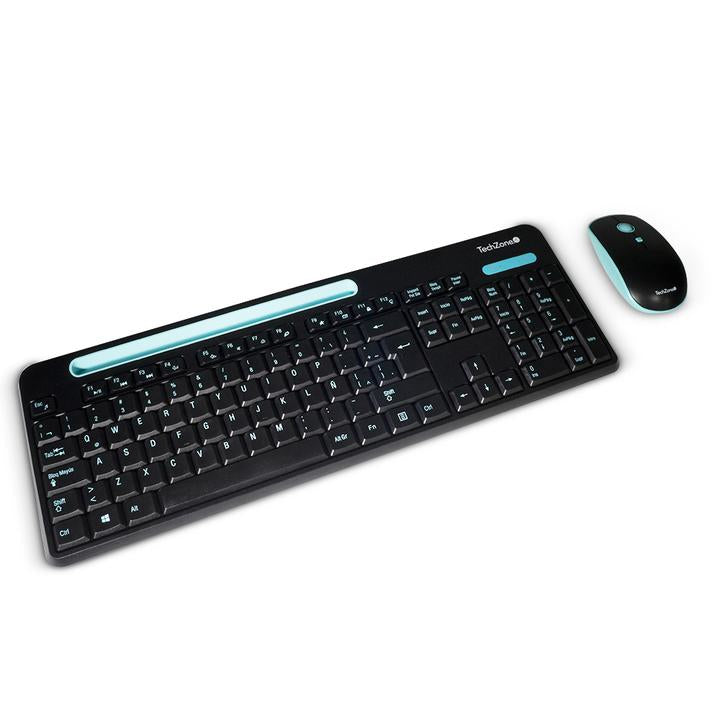 Kit Teclado y Mouse TechZone Inalámbrico 105 Teclas+Espacio Tablet/Smartphone 1600dpi 3 Botones Win/Mac Color Negro-Azul
