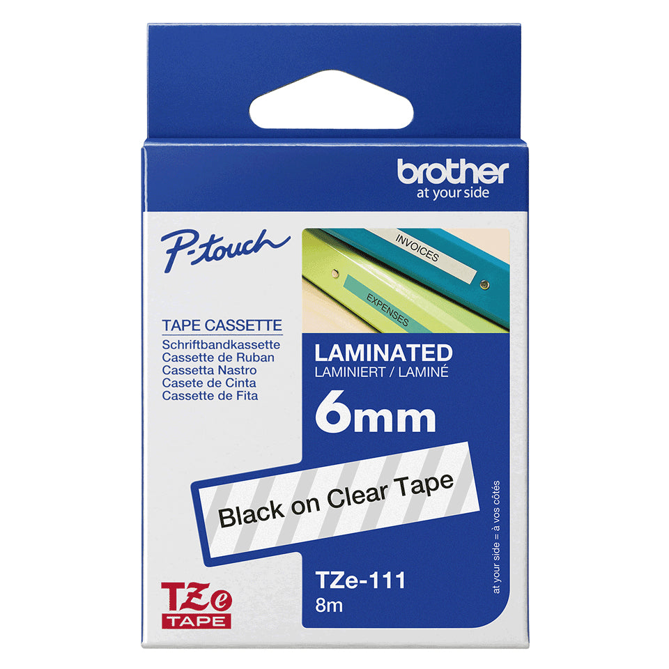 Cinta Brother TZE111  Laminada Negro sobre Transparente 6mmx8m P-Touch