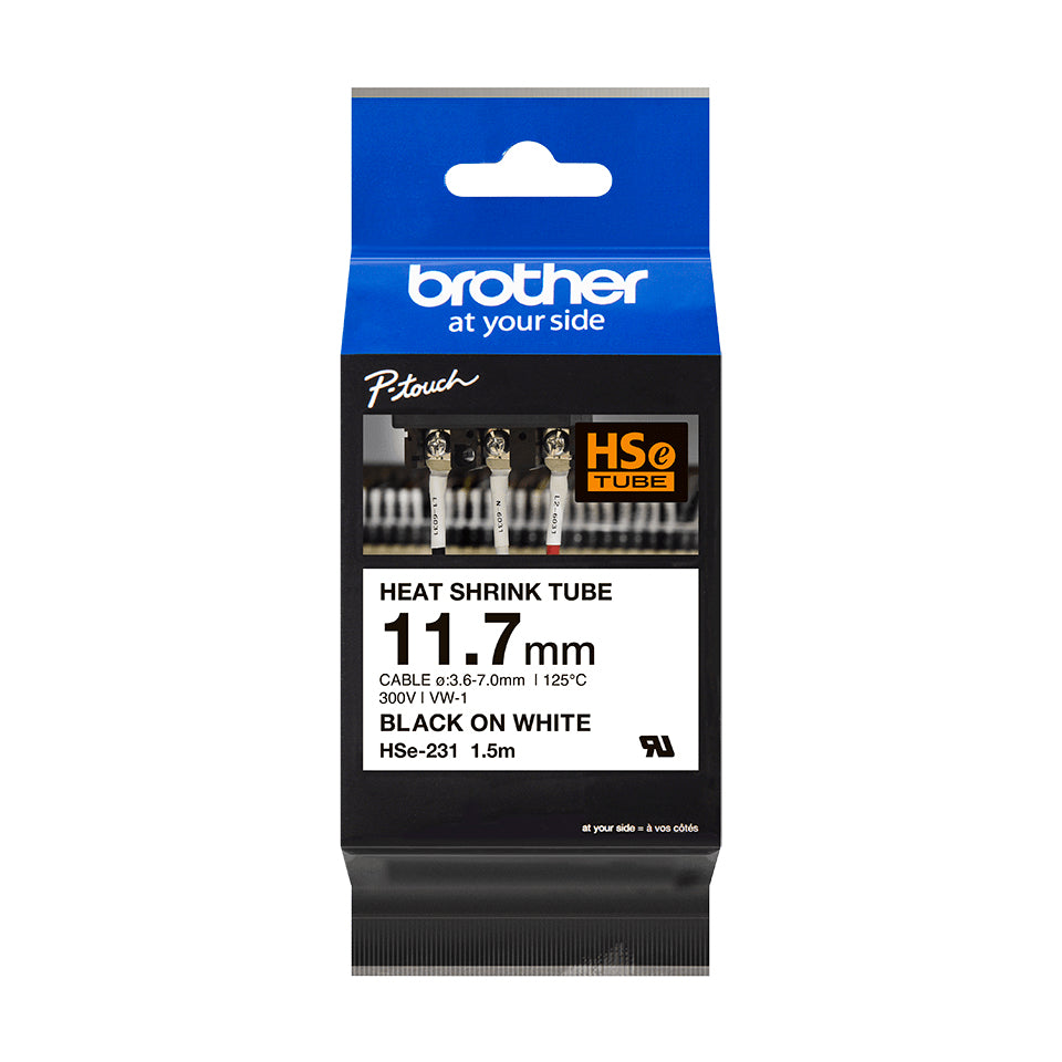 Cinta Brother HSE231 Termorretráctil Texto Negro Sobre Fondo Blanco 11.7mmx1.5m
