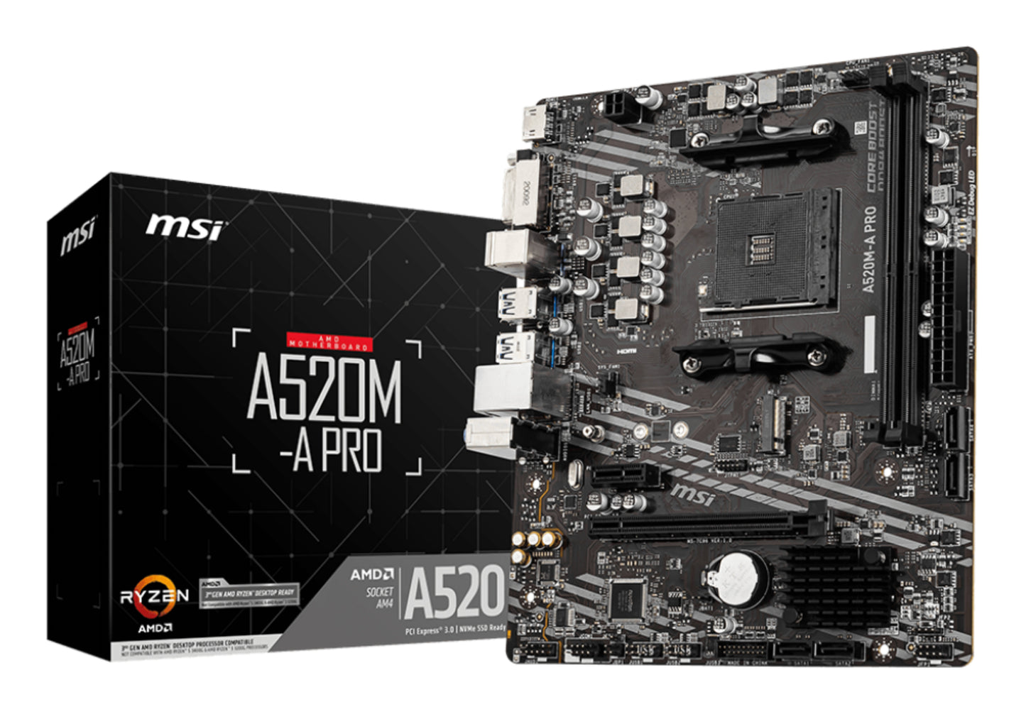 Tarjeta Madre MSI micro ATX A520M-A PRO S-AM4 AMD A520 HDMI 64GB DDR4 para AMD BIOS Actualizada para Serie Ryzen 5000
