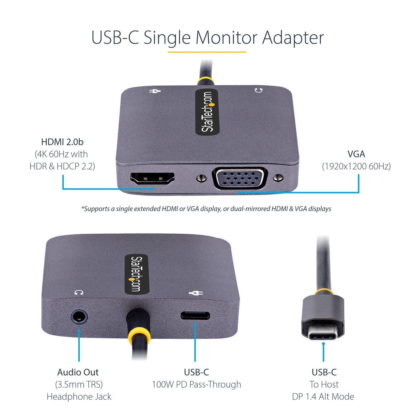 StarTech.com 122-USBC-HDMI-4K-VGA adaptador gráfico USB 3840 x 2160 Pixeles Gris