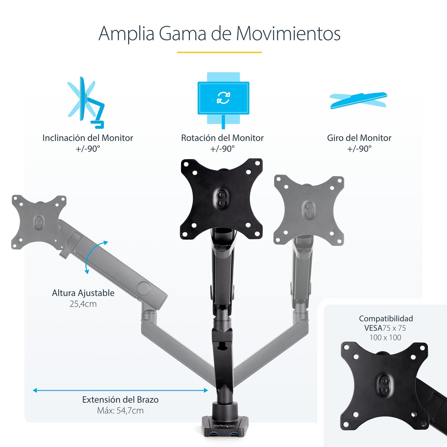 StarTech.com ARMSLIM2USB3 soporte para pantalla plana 86.4 cm (34") Escritorio Negro