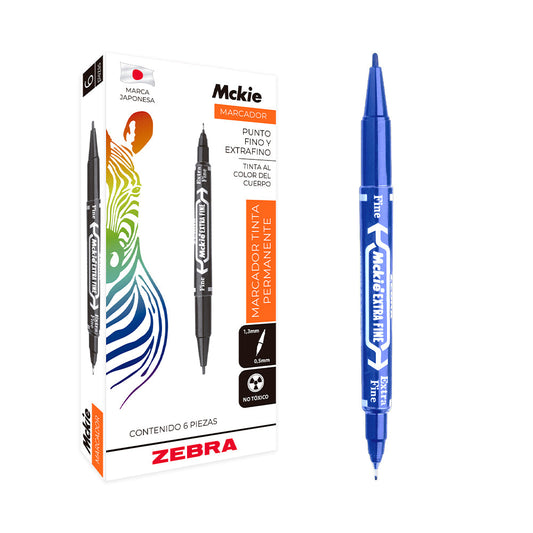 Marcador Permanente Zebra Mckie Doble Punta Fina/Extra Fina Color Azul C/6 Pzas