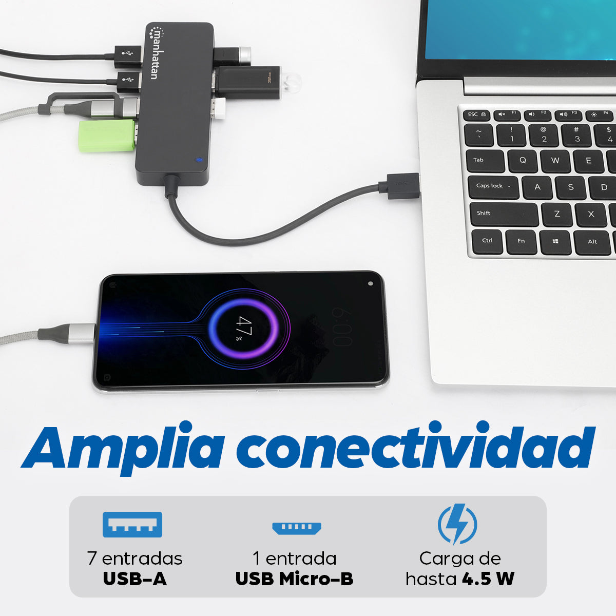 Manhattan 168403 nodo concentrador USB 3.2 Gen 1 (3.1 Gen 1) Type-A 5000 Mbit/s Negro