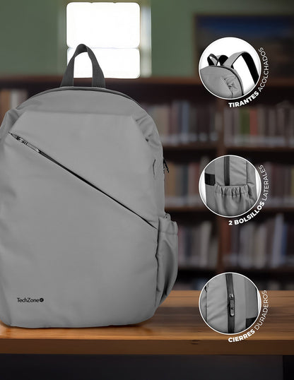 Mochila TechZone Style Grey para Laptops de 16 Múltiples Compartimientos Diseño Ideal para Uso Diario
