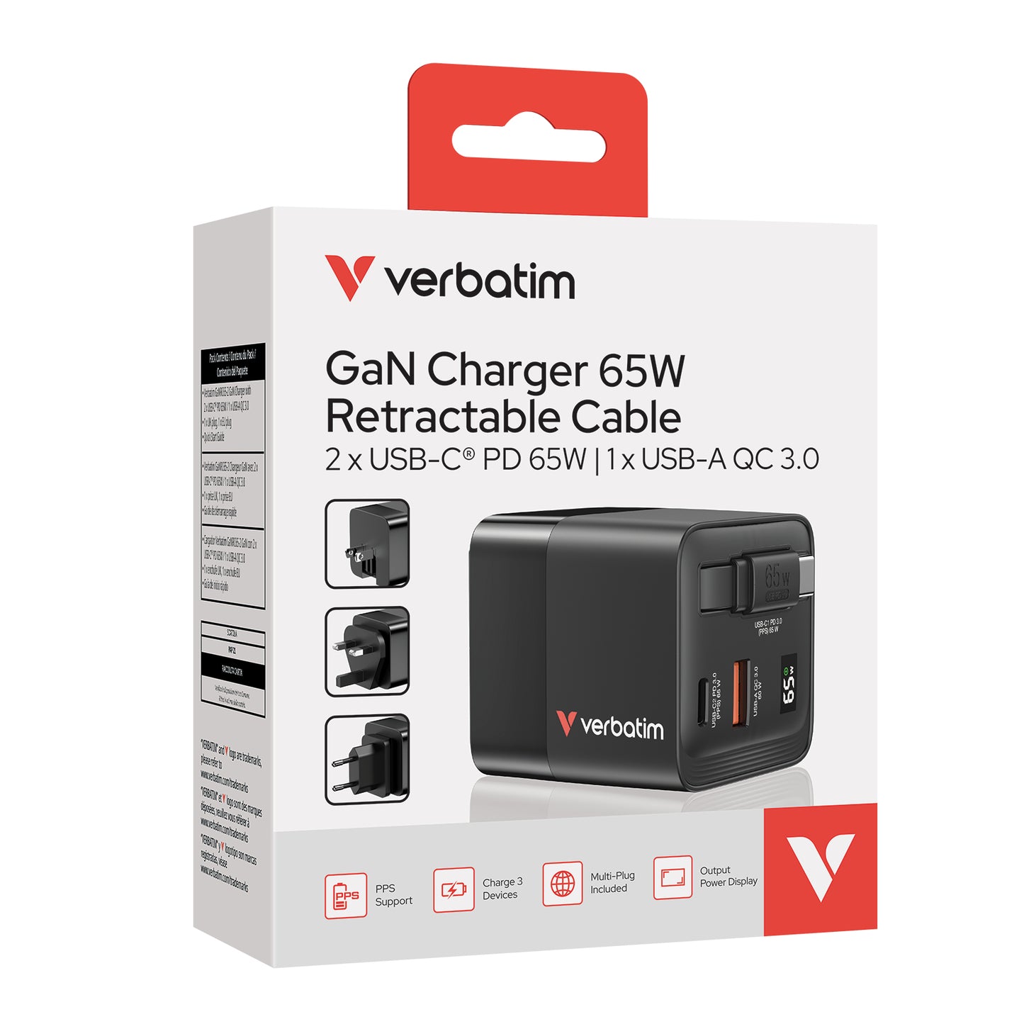 Cargador Verbatim GaN 65W de Cable retráctil