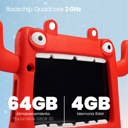 Tableta Vorago 8" PAD-8-KIDS Quadcore 64GB Ram 4GB 2MP/5MP Android 13 Funda Roja