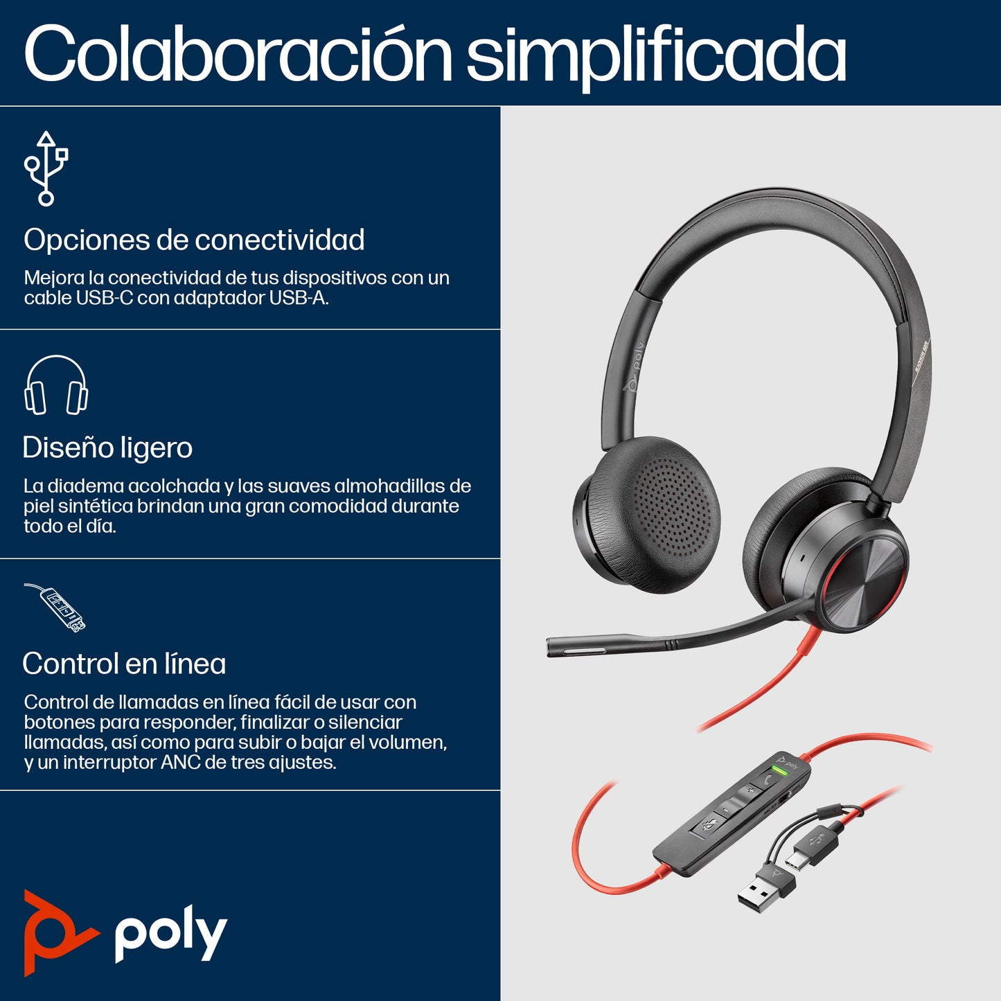 HP Poly Blackwire 8225 Stereo Microsoft Teams Certified USB-C Headset +USB-C/A Adapter Alámbrico Diadema Oficina/Centro de llamadas USB Tipo C Negro