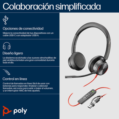 HP Poly Blackwire 8225 Stereo Microsoft Teams Certified USB-C Headset +USB-C/A Adapter Alámbrico Diadema Oficina/Centro de llamadas USB Tipo C Negro