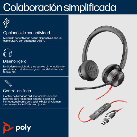 HP Poly Blackwire 8225 Stereo Microsoft Teams Certified USB-C Headset +USB-C/A Adapter Alámbrico Diadema Oficina/Centro de llamadas USB Tipo C Negro