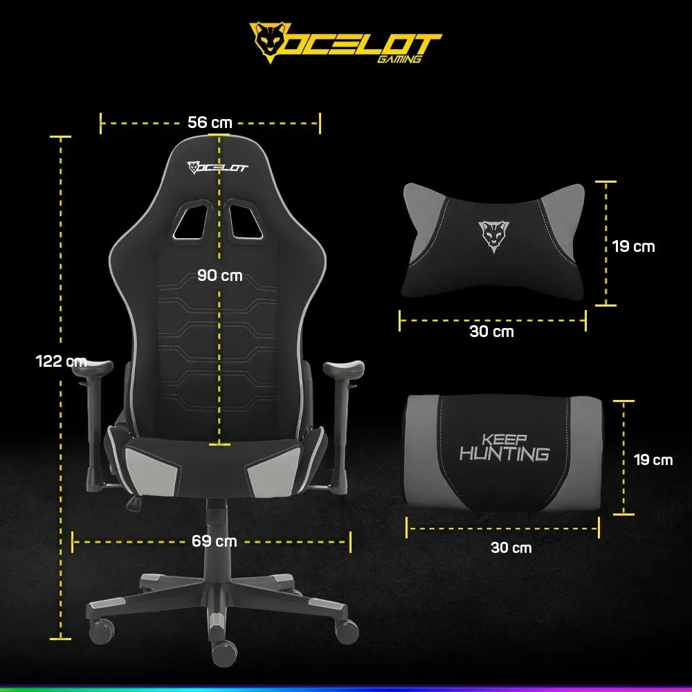Silla Gamer Ocelot Ergonómica Tela Automotriz Descansa Brazos Ajustables Reclinable 90-155 grados Soporta hasta 150 Kg Almohadillas