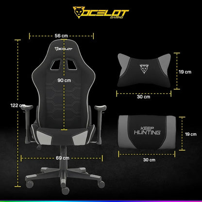 Silla Gamer Ocelot Ergonómica Tela Automotriz Descansa Brazos Ajustables Reclinable 90-155 grados Soporta hasta 150 Kg Almohadillas