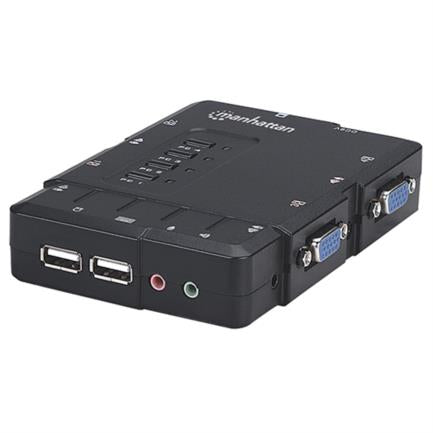 Switch KVM Manhattan Compacto 4 Puertos Desktop USB 4:1 Cables+Audio Color Negro