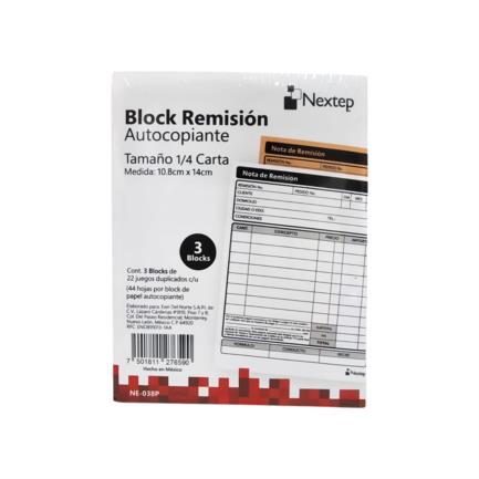 Block Remision Nextep Autocopiante 1/4 Carta 3 Blocks 44 Hojas CU