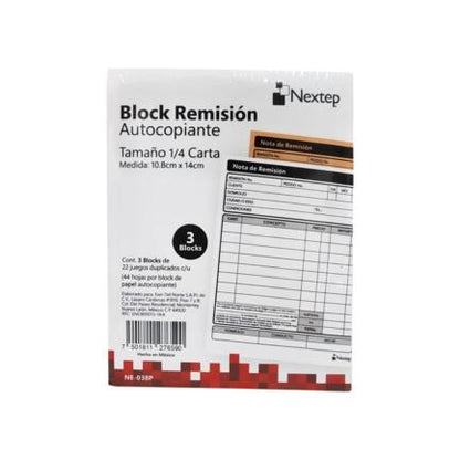 Block Remision Nextep Autocopiante 1/4 Carta 3 Blocks 44 Hojas CU