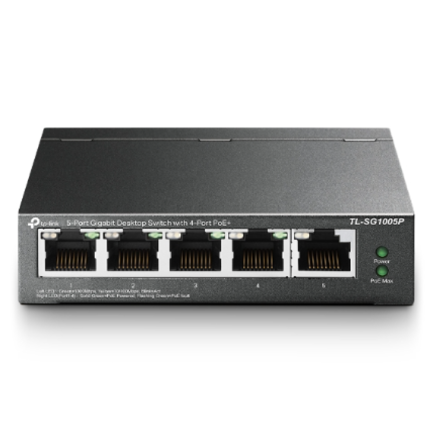 Switch no administrable Omada de Tp-link de 5 puertos 10/100Mbps con 4 puertos PoE+
