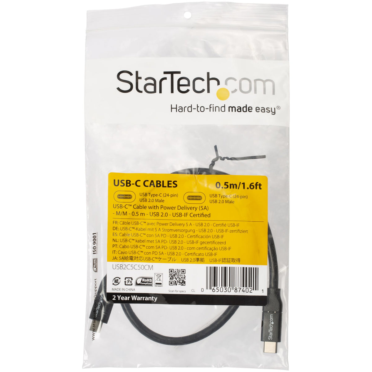 StarTech.com USB2C5C50CM cable USB 0.5 m 0.48 Gbit/s 100 W Negro