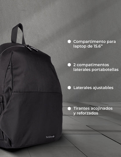 Mochila TechZone Lite TZLBP13 15.6 Poliester 420 D Twill Color Negro Laterales Ajustables