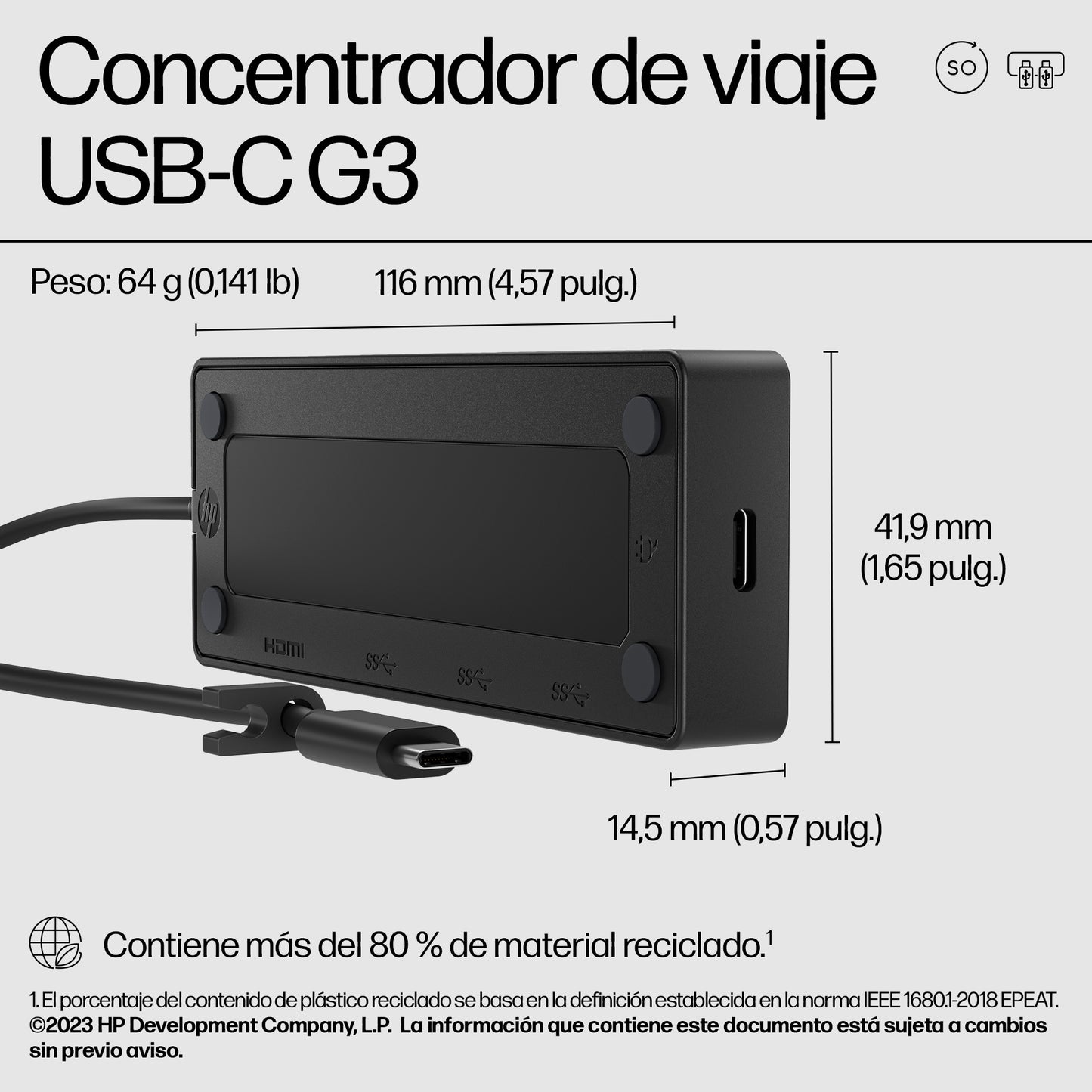 HP USB-C Travel Hub G3 Alámbrico USB 3.2 Gen 2 (3.1 Gen 2) Type-C
