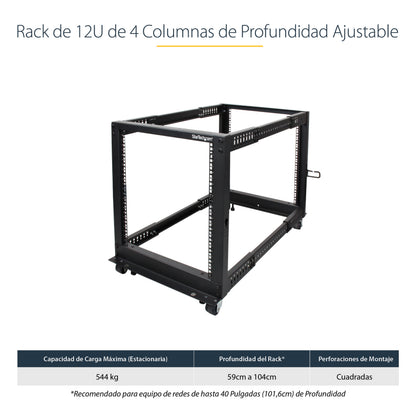 StarTech.com 4POSTRACK12U armario rack Rack o bastidor independiente Negro