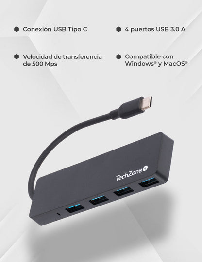 Hub TechZone 3.0 Hub 4en1 Super Ligero Conexion Tipo C 4Puertos USB 3.0 Vel de Transferecnia de Datos 480Mbs