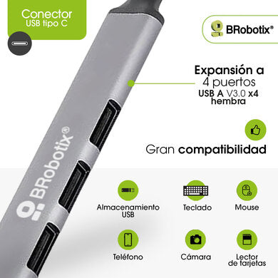 BRobotix 6008058 nodo concentrador USB 3.2 Gen 1 (3.1 Gen 1) Type-C 5000 Mbit/s Negro, Plata