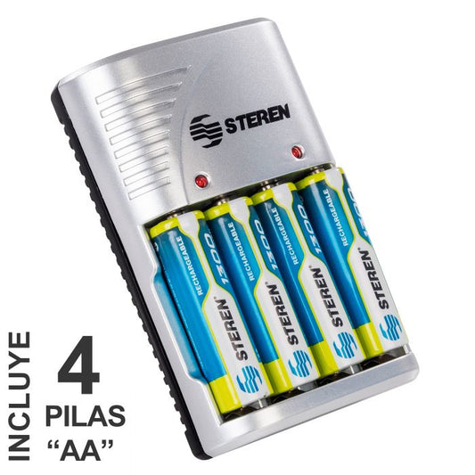 Cargador de Pilas Steren para AA/AAA 9VC NICD/NIMH Incluye 4 Pilas AA