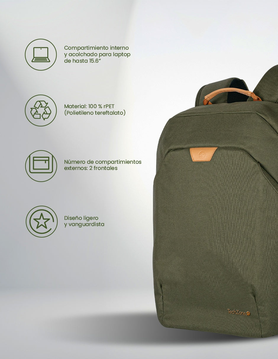 TechZone TZLBP56W-V mochila City backpack Verde Tereftalato de polietileno reciclado (rPET)