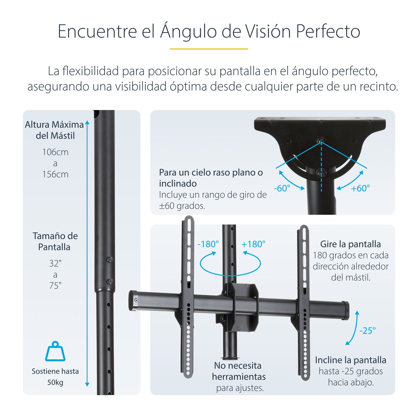 StarTech.com FLATPNLCEIL soporte para pantalla de señalización 190.5 cm (75") Negro