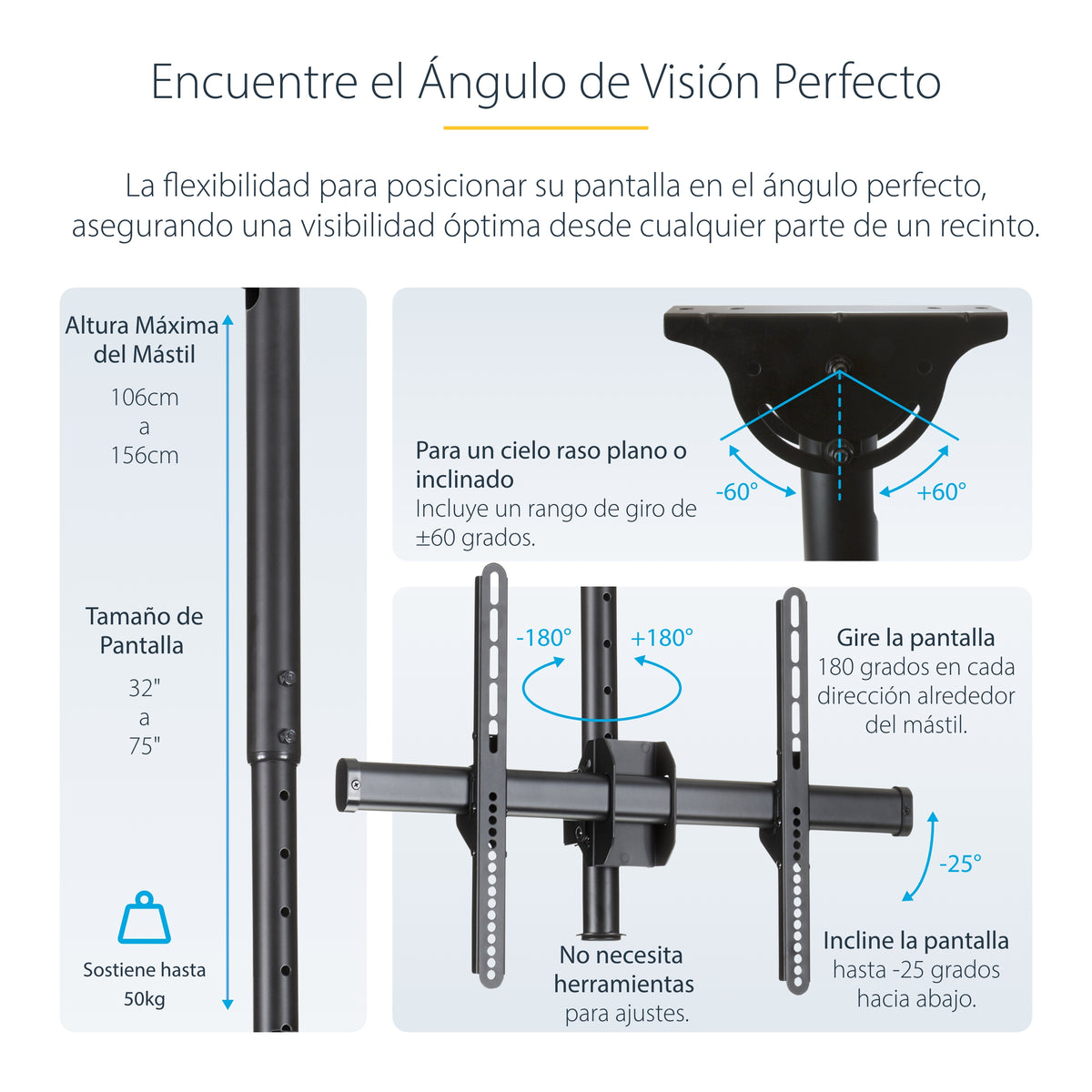 StarTech.com FLATPNLCEIL soporte para pantalla de señalización 190.5 cm (75") Negro
