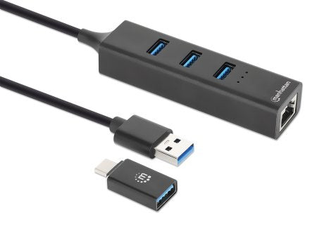 Adaptador de Red Manhattan USB A/C con Hub V3 Color Negro