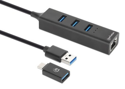 Adaptador de Red Manhattan USB A/C con Hub V3 Color Negro