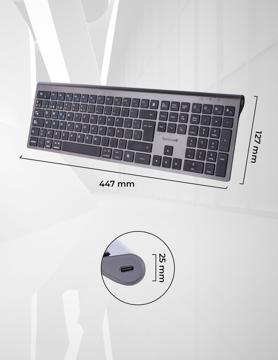 TechZone TZACTCB01 teclado Universal RF inalámbrico + bluetooth QWERTY Negro, Plata