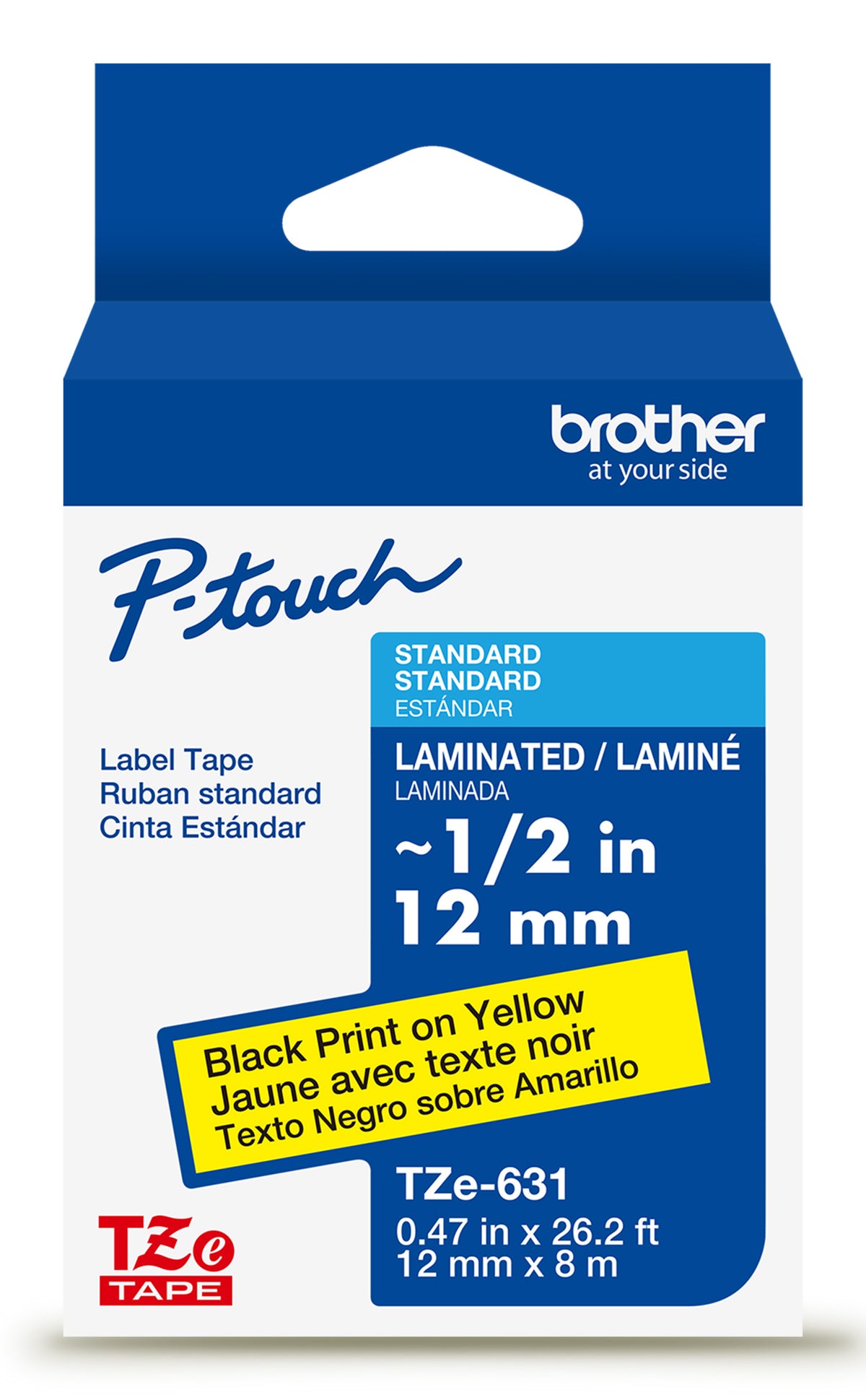 Cinta Laminada Brother Estandar Texto negro sobre cinta amarilla de 12mm x 8m