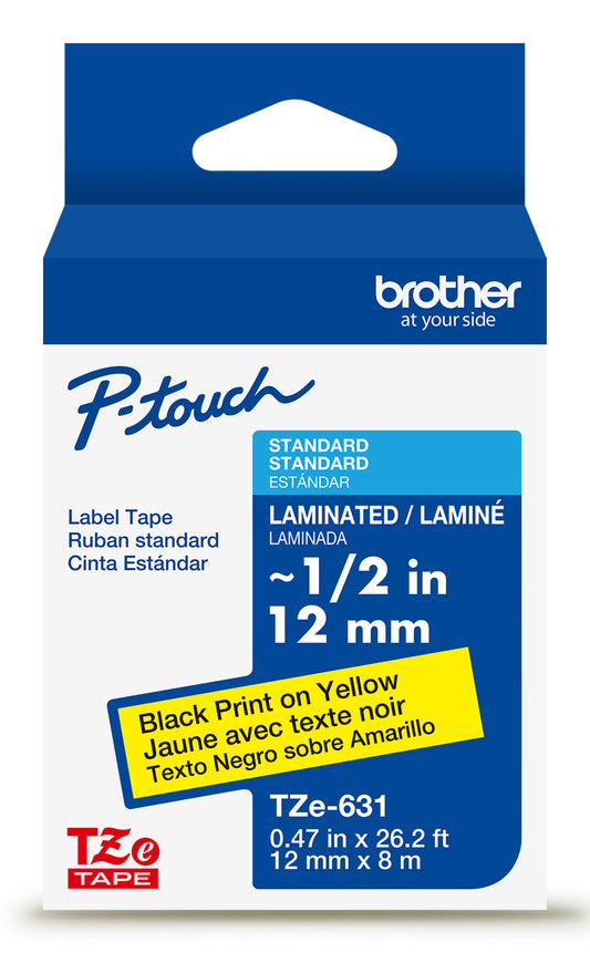Cinta Laminada Brother Estandar Texto negro sobre cinta amarilla de 12mm x 8m