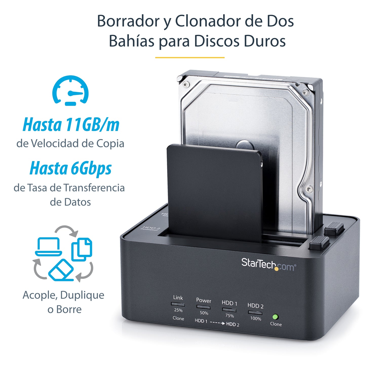 StarTech.com SATDOCK2REU3 duplicador de datos o soporte Duplicador de HDD/SSD Negro 1 copias