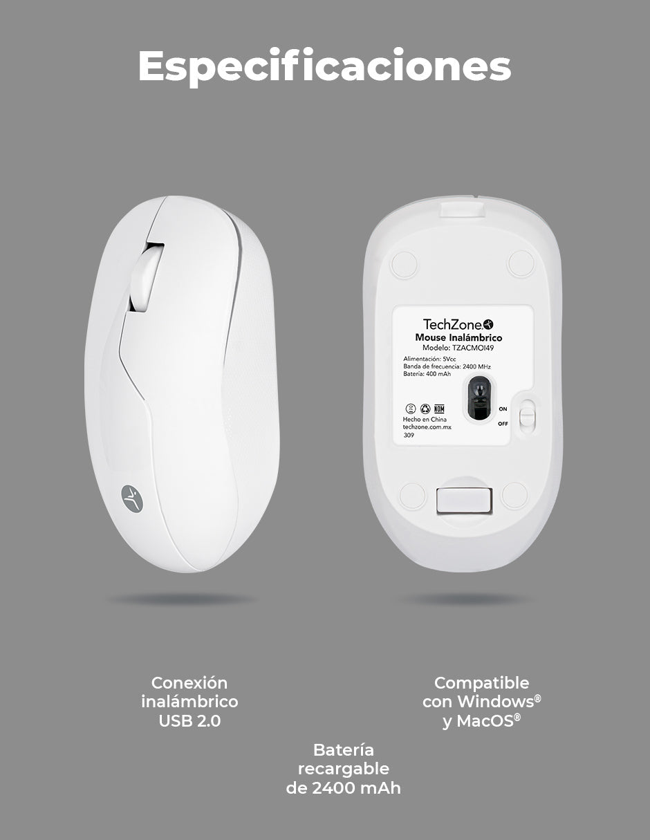 Mouse inalámbrico Blanco Armor recargable  wireless TechZone