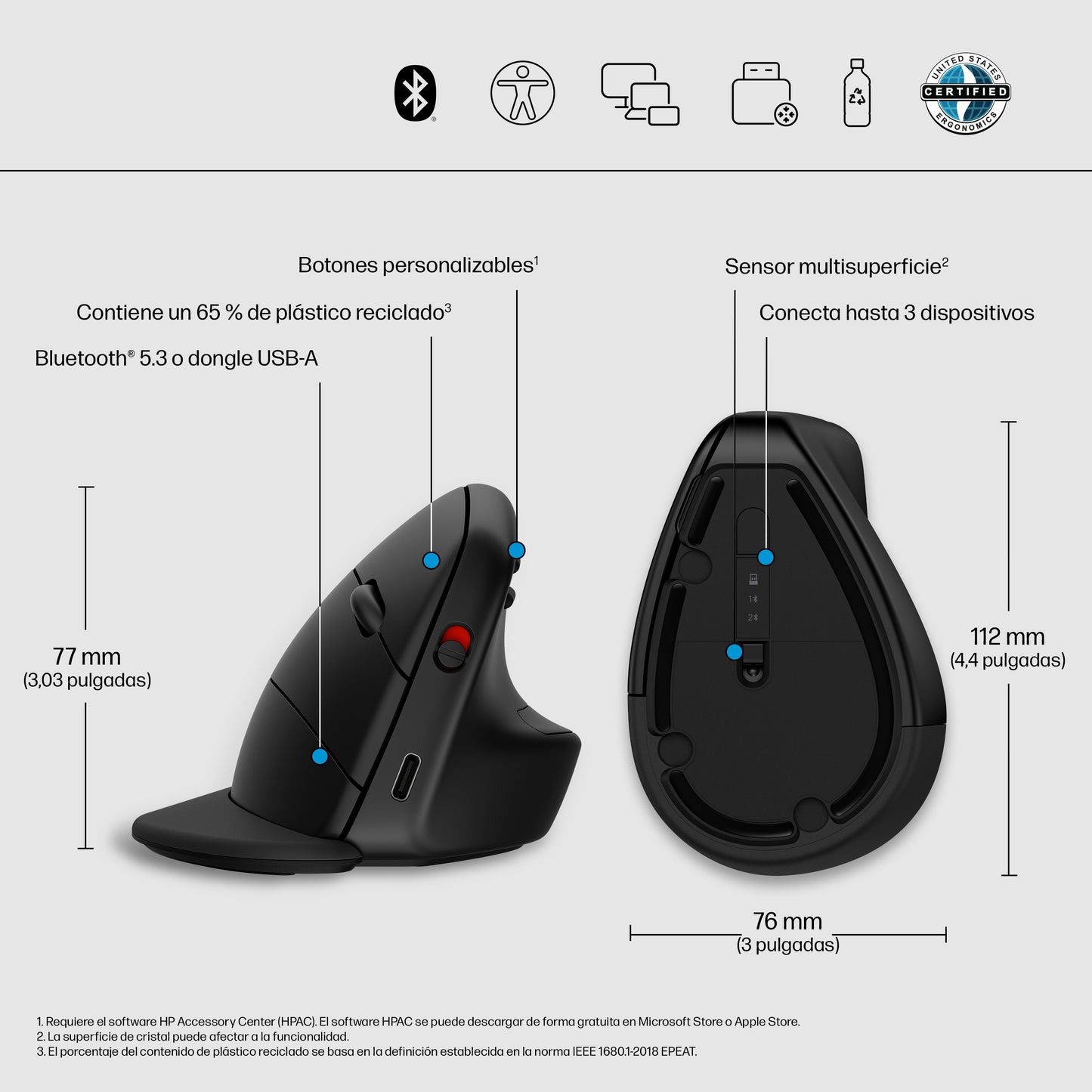 HP 925 Ergonomic Vertical Wireless Mouse ratón Oficina Diestro RF inalámbrico + bluetooth 4000 DPI