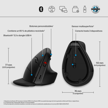 HP 925 Ergonomic Vertical Wireless Mouse ratón Oficina Diestro RF inalámbrico + bluetooth 4000 DPI