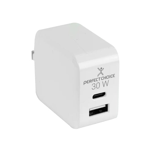 Adaptador de Corriente Perfect Choice 30W Carga Rápida Puertos USB C+A Blanco